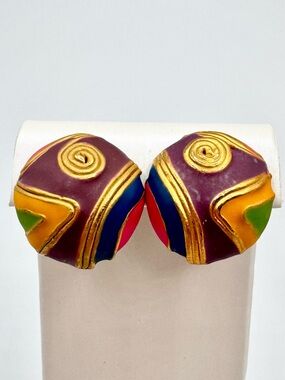 Vintage Don-Lin Colorful Abstract Enamel Dome Button Earrings Artsy 80s Signed